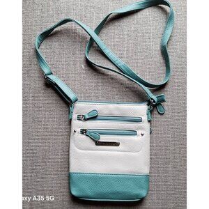 Stone Mountain White & Teal Crossbody Bag With Multiple Zipper Pockets & Adjusta